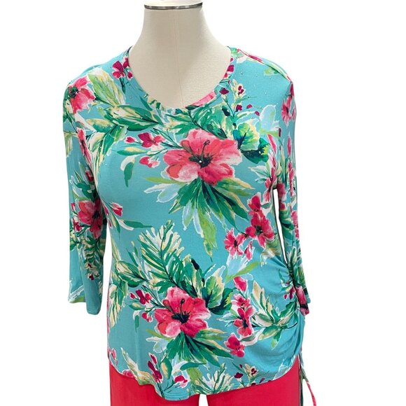 Palm Grove Floral Ruched Top XL NWT Tropical Cruise Resort Stretchy Summer Shirt - Picture 4 of 9